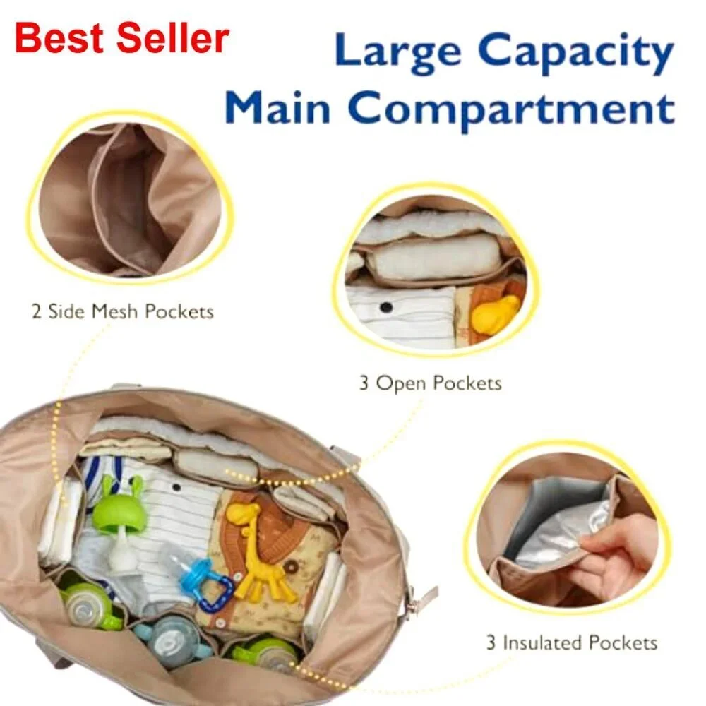 Large Capacity Diaper Tote Bag with Insulated Pockets and Changing Pad
